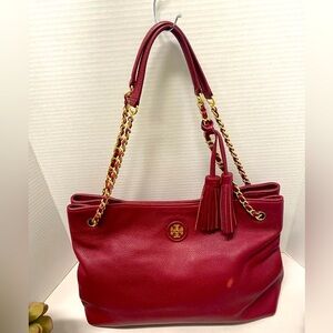 Tory Burch Large Burgundy Leather & Gold Chain Strap Bag w/tassels
